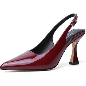 Women's Burgundy Chunky Closed Pointy Toe Elegant Stylish Buckle High Heel